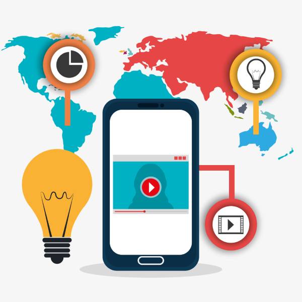 Illustration of a smartphone with a video play icon, surrounded by a light bulb, clocks, map, and media symbols Illustration of a smartphone with a video play icon, surrounded by a light bulb, clocks, map, and media symbols